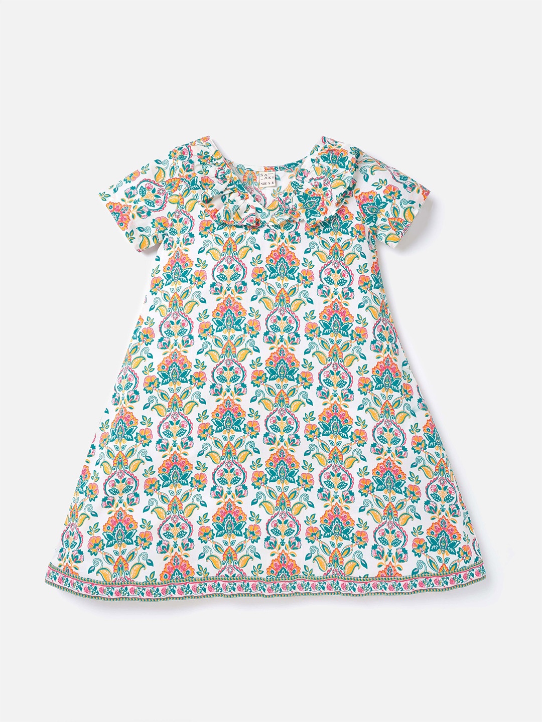 

Saaki Girls Ruffled Neck A-line Floral printed off-white dress