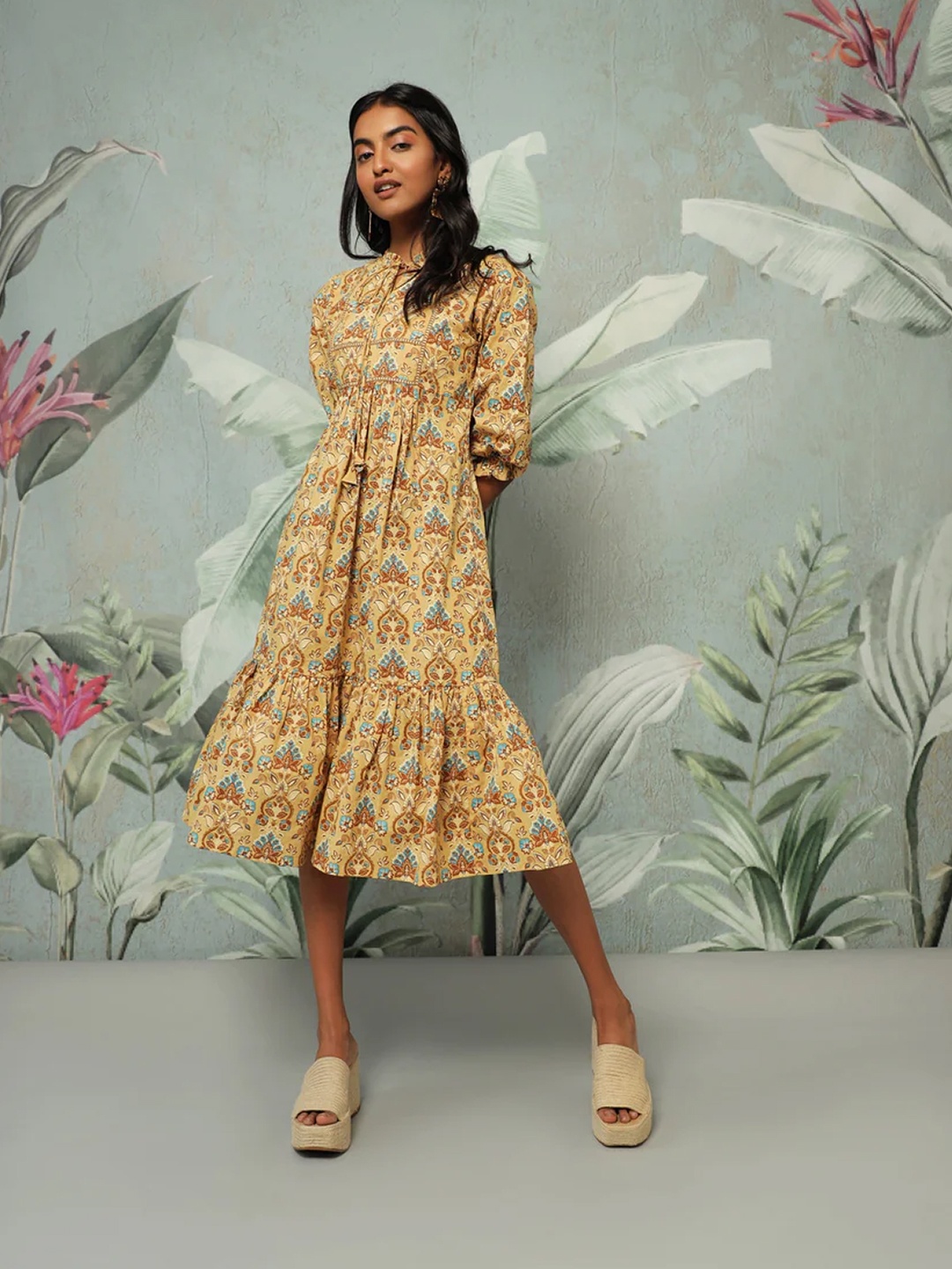 

Saaki Beige Floral Linen A-Line Midi Dress