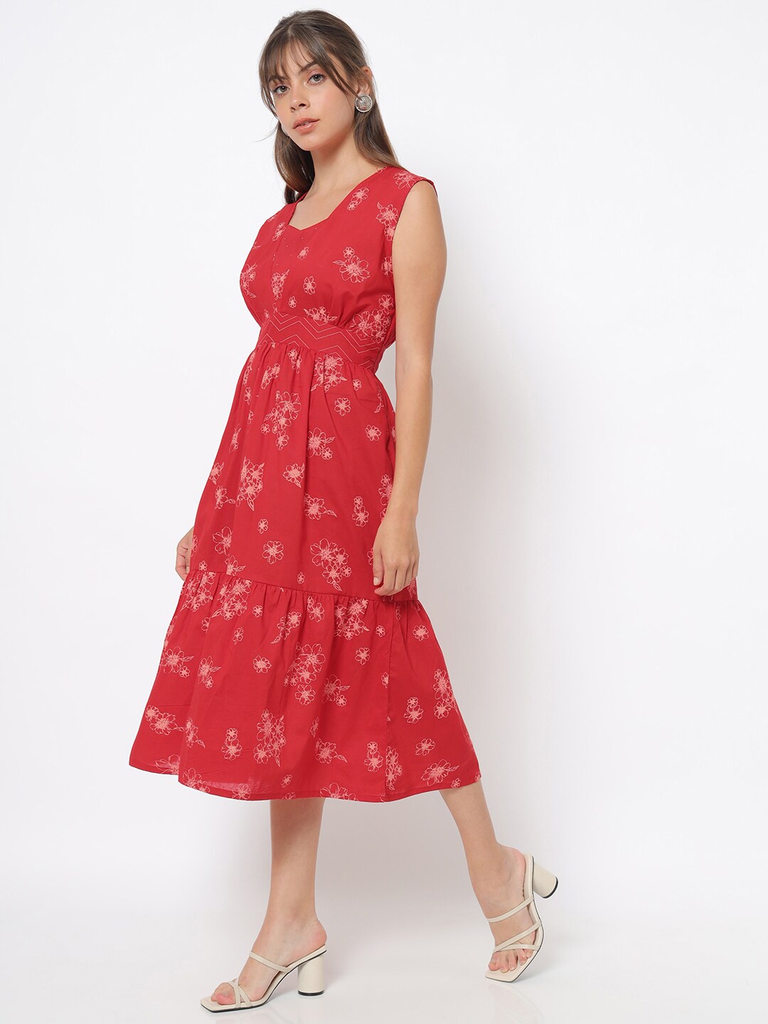 

Saaki Red Floral A-Line Midi Dress