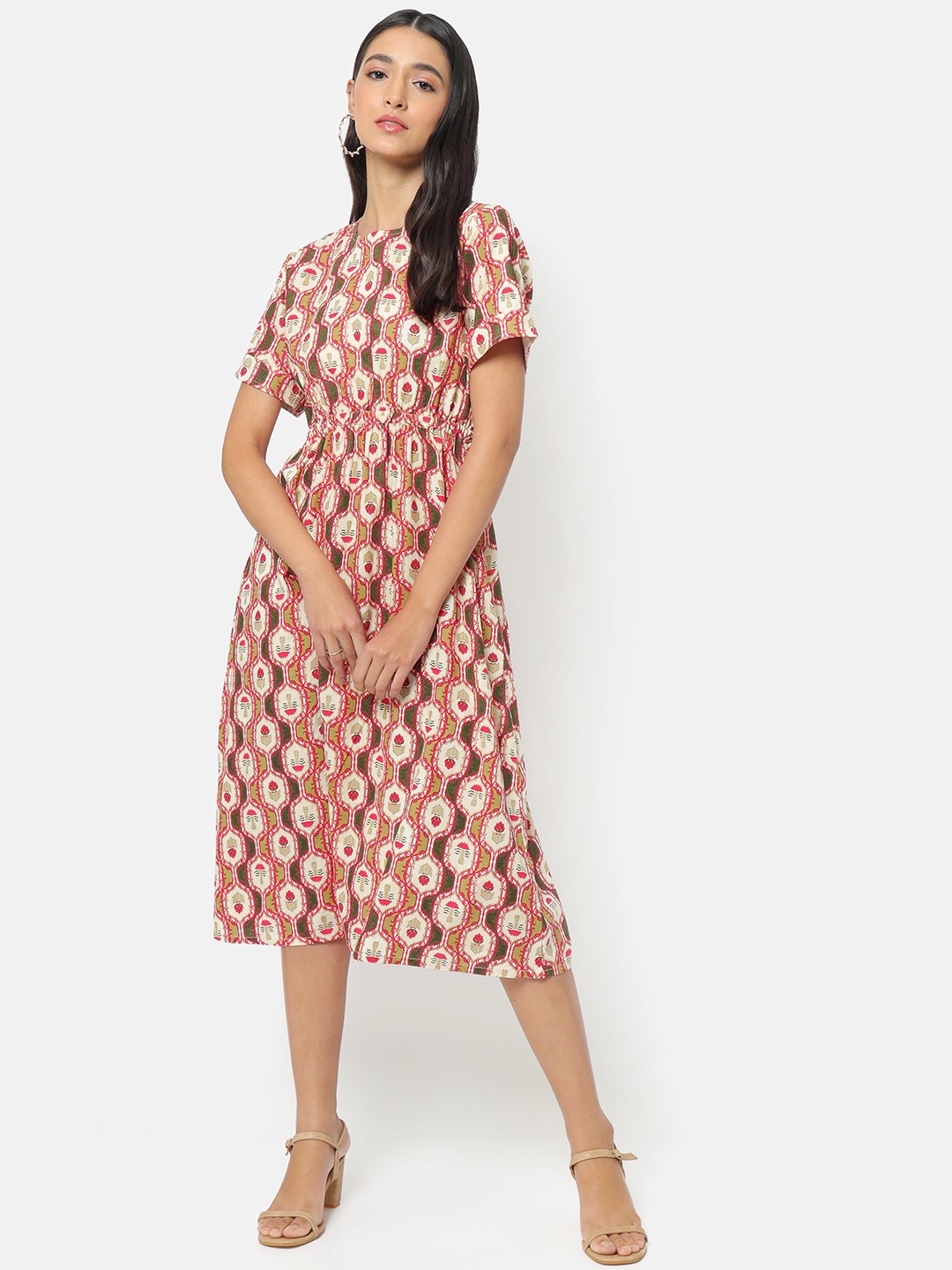 

Saaki Women Olive Green Floral Linen Midi Dress, Off white