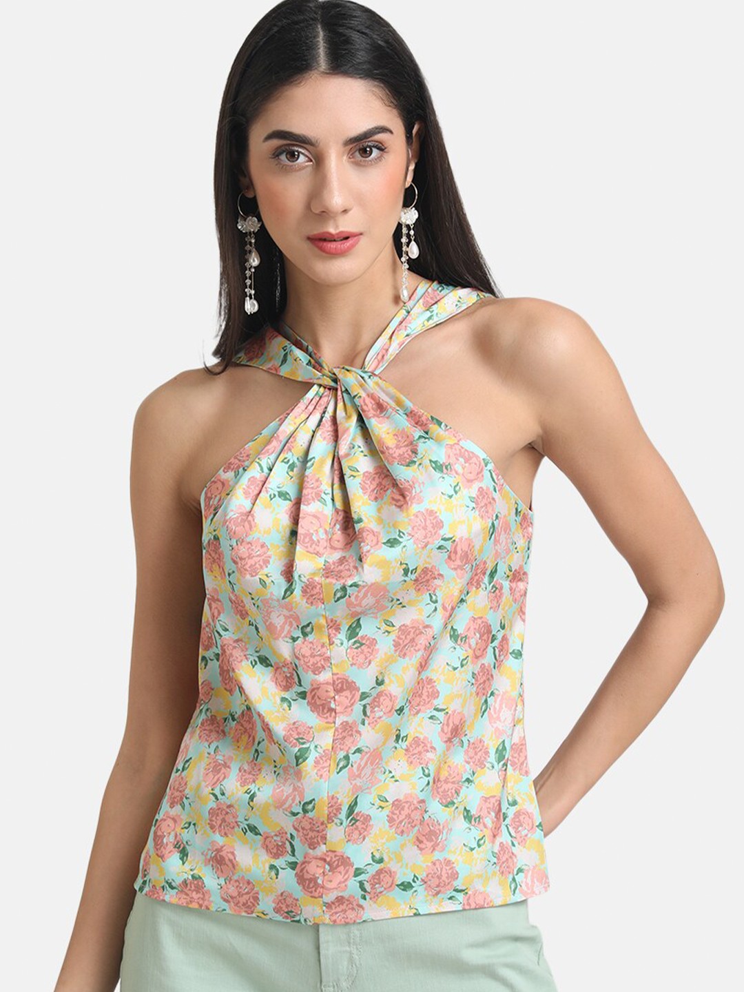 

Kazo Yellow & Pink Floral Printed Halter Neck Satin Top