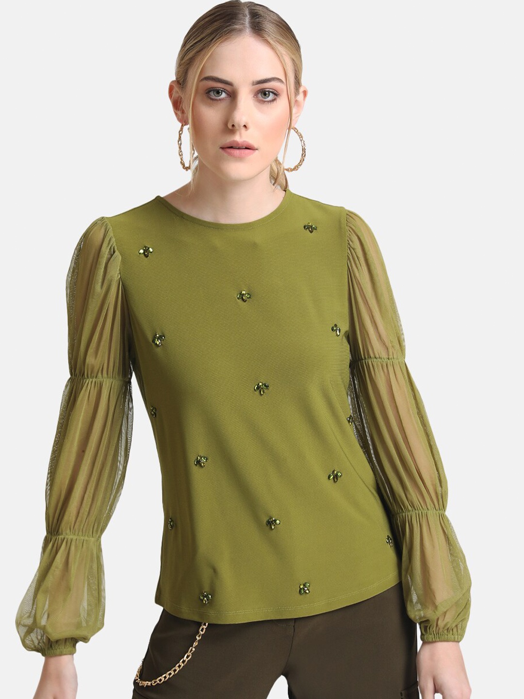 

Kazo Olive Green Embellished Bishop Sleeves Top