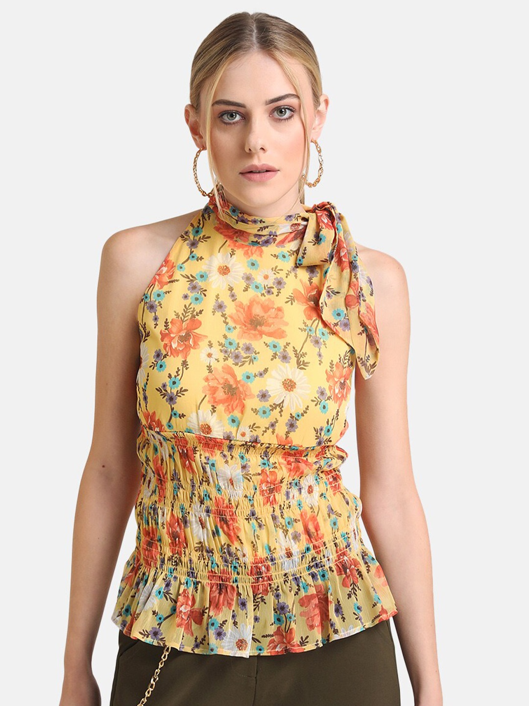 

Kazo Yellow Floral Print Chiffon Cinched Waist Top