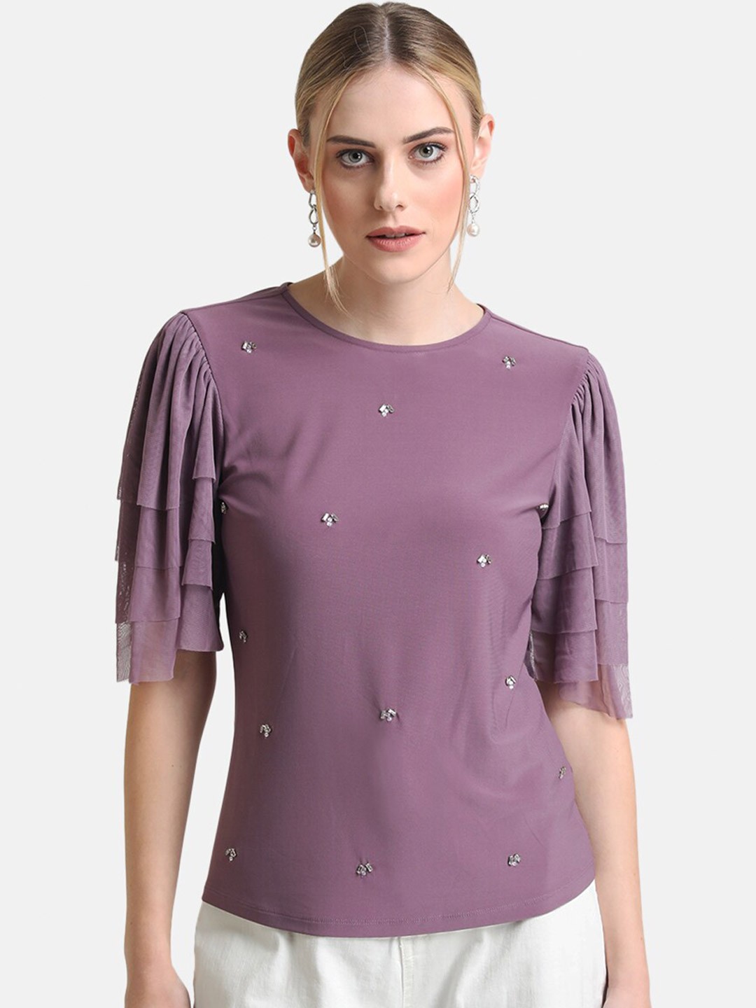 

Kazo Women Purple Embellished Keyhole Neck Top