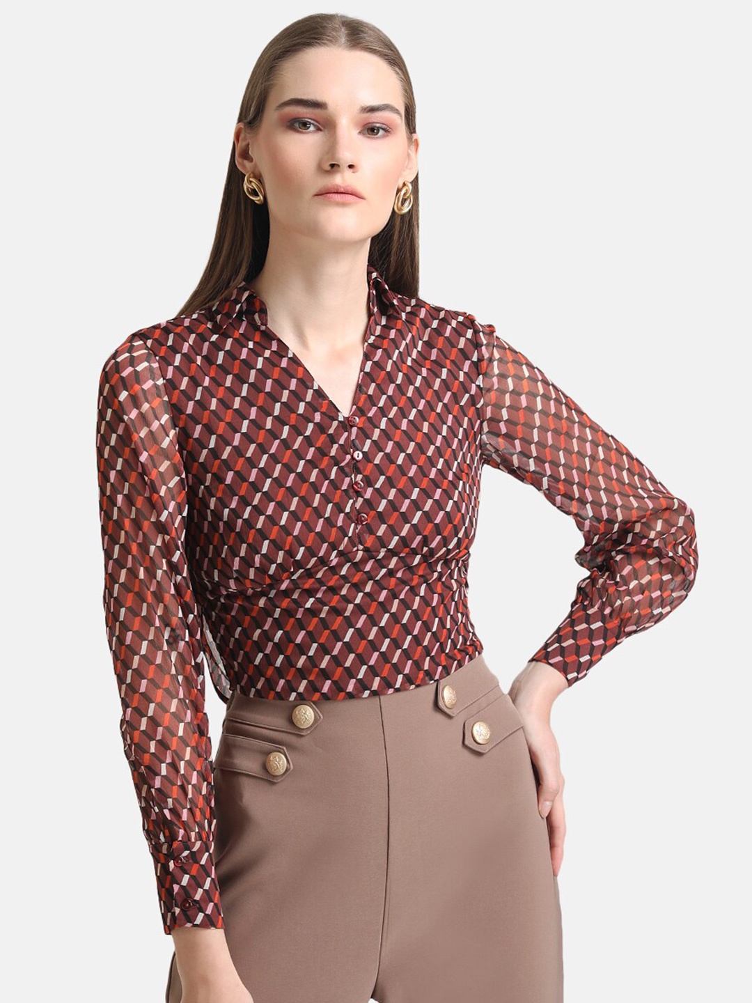 

Kazo Women Brown Geometric Print Chiffon Fitted Top