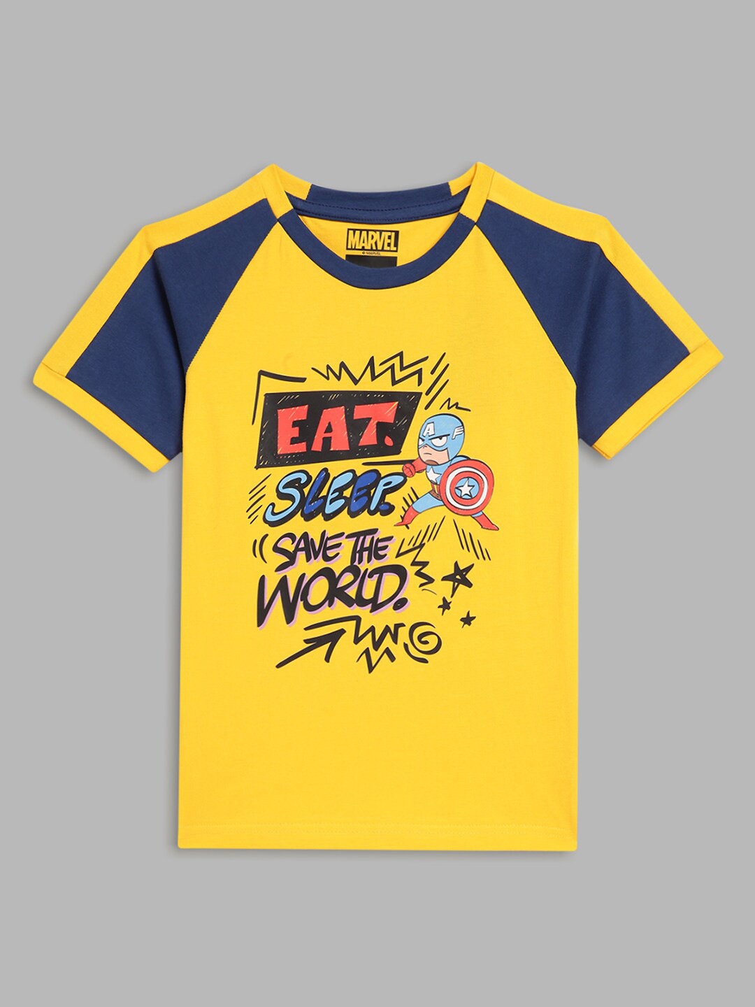 

Blue Giraffe Boys Yellow Captain America Printed Pure Cotton T-shirt