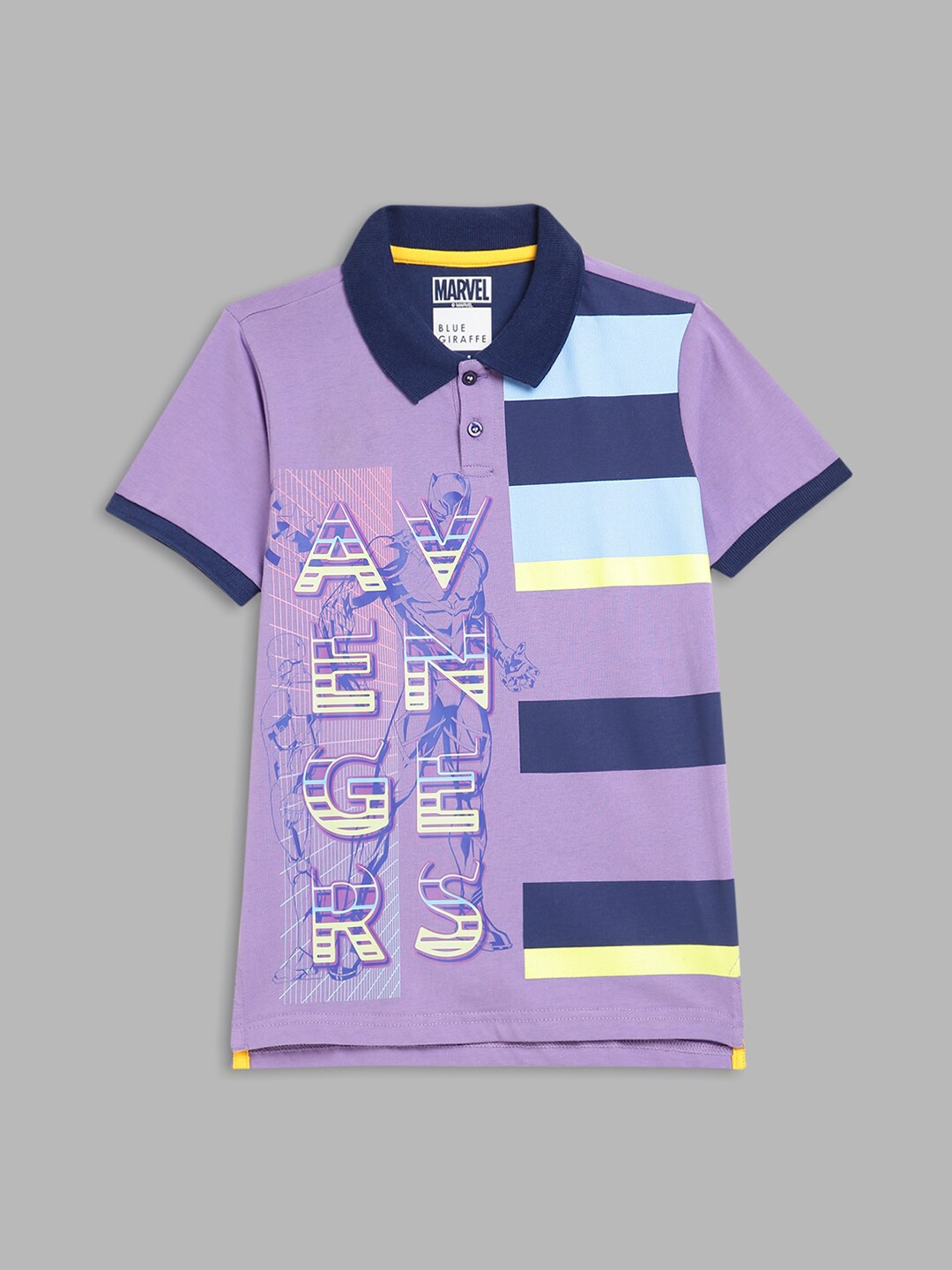 

Blue Giraffe Boys Purple Avengers Printed Polo Collar T-shirt