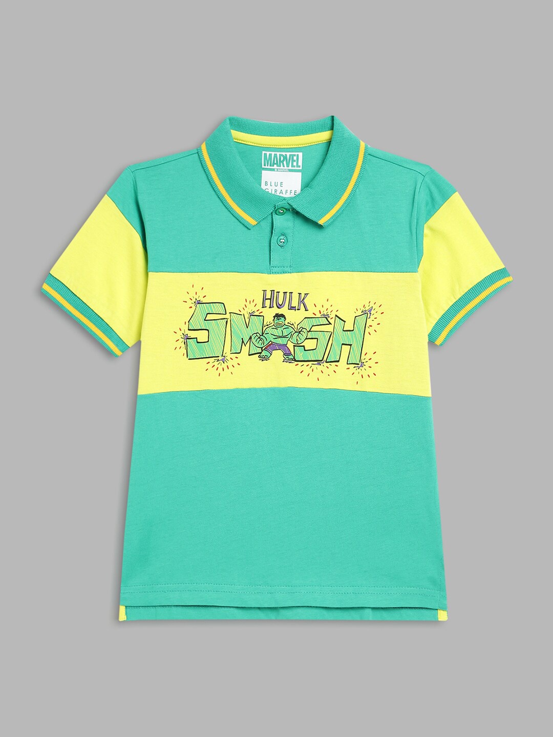 

Blue Giraffe Boys Multicoloured Hulk Printed Polo Collar T-shirt, Multi