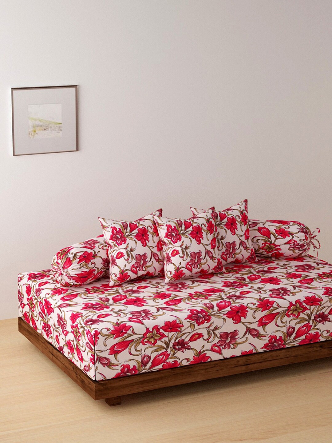 

Dhrohar Set Of 6 Beige & Red Printed Bedsheet With Bolster & Cushion Covers