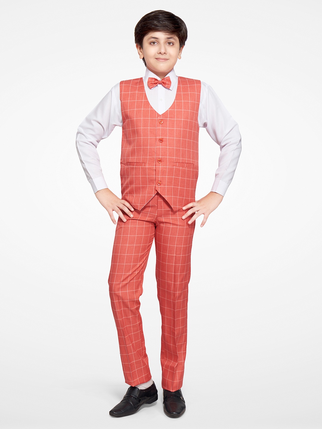 

Jeetethnics Boys Peach-Coloured Checked Shirt with Trousers & Waistcoat