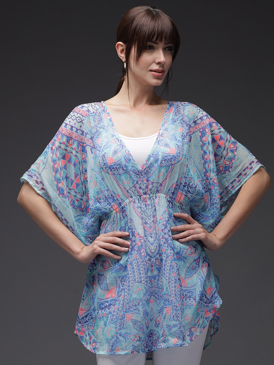 

Darzi Women Blue & Pink Printed Bohemian Kaftan Shrug