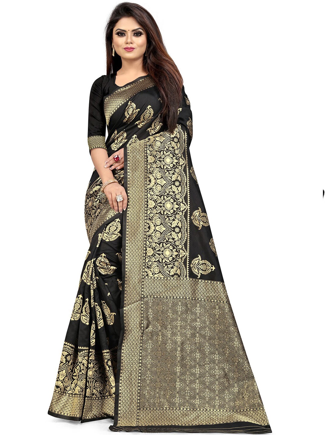 

Leeza Store Black & Gold Zari Ethnic Motifs Silk Blend Sarees