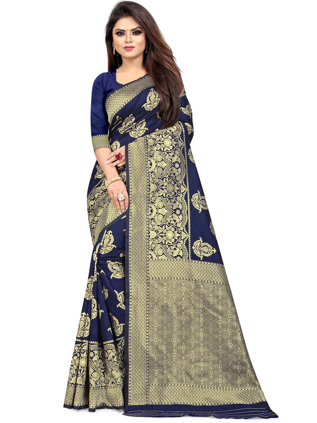 

Leeza Store Navy Blue & Gold-Toned Ethnic Motifs Zari Silk Blend Banarasi Saree