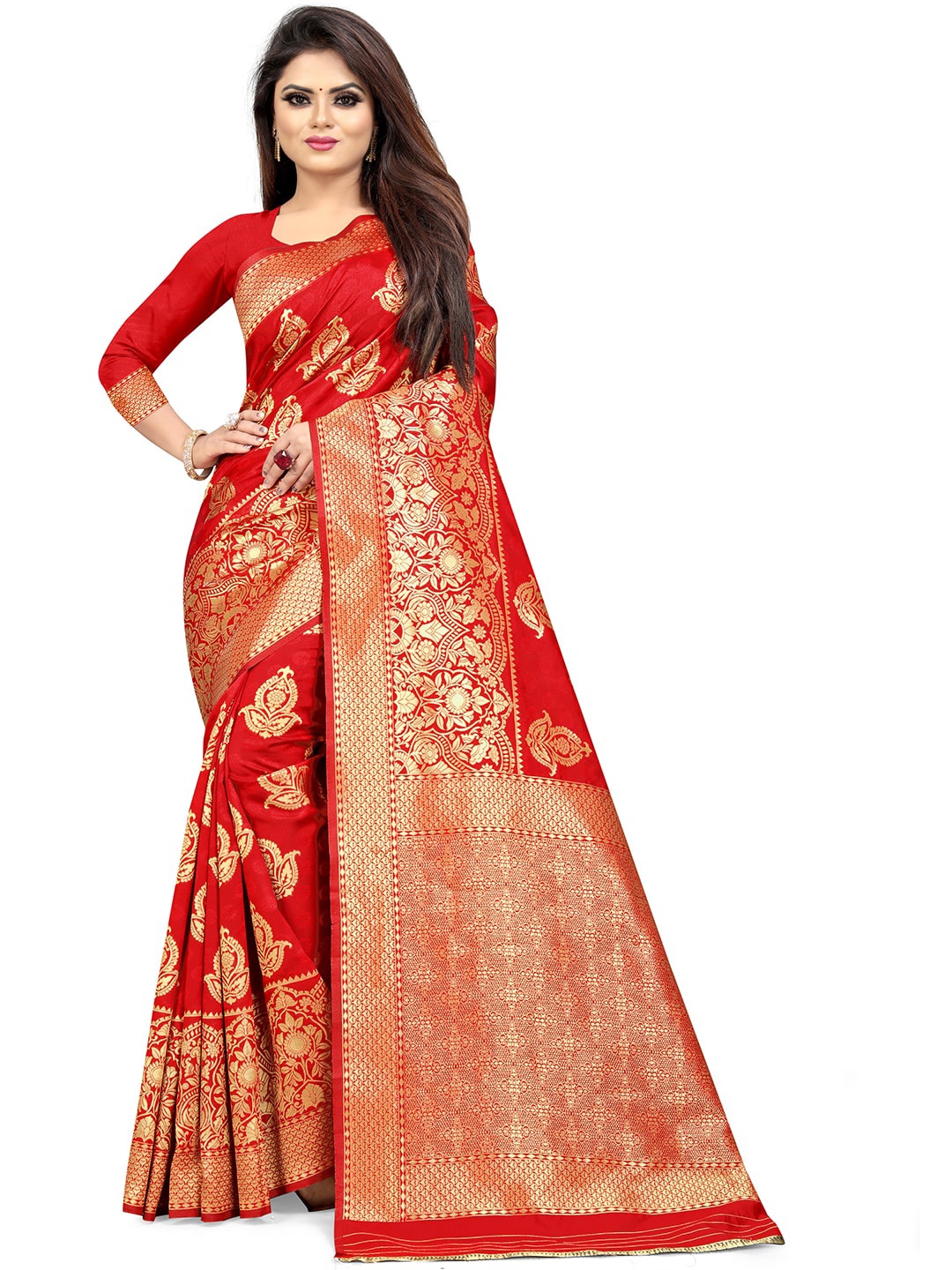 

Leeza Store Red & Gold-Toned Ethnic Motifs Zari Silk Blend Banarasi Saree