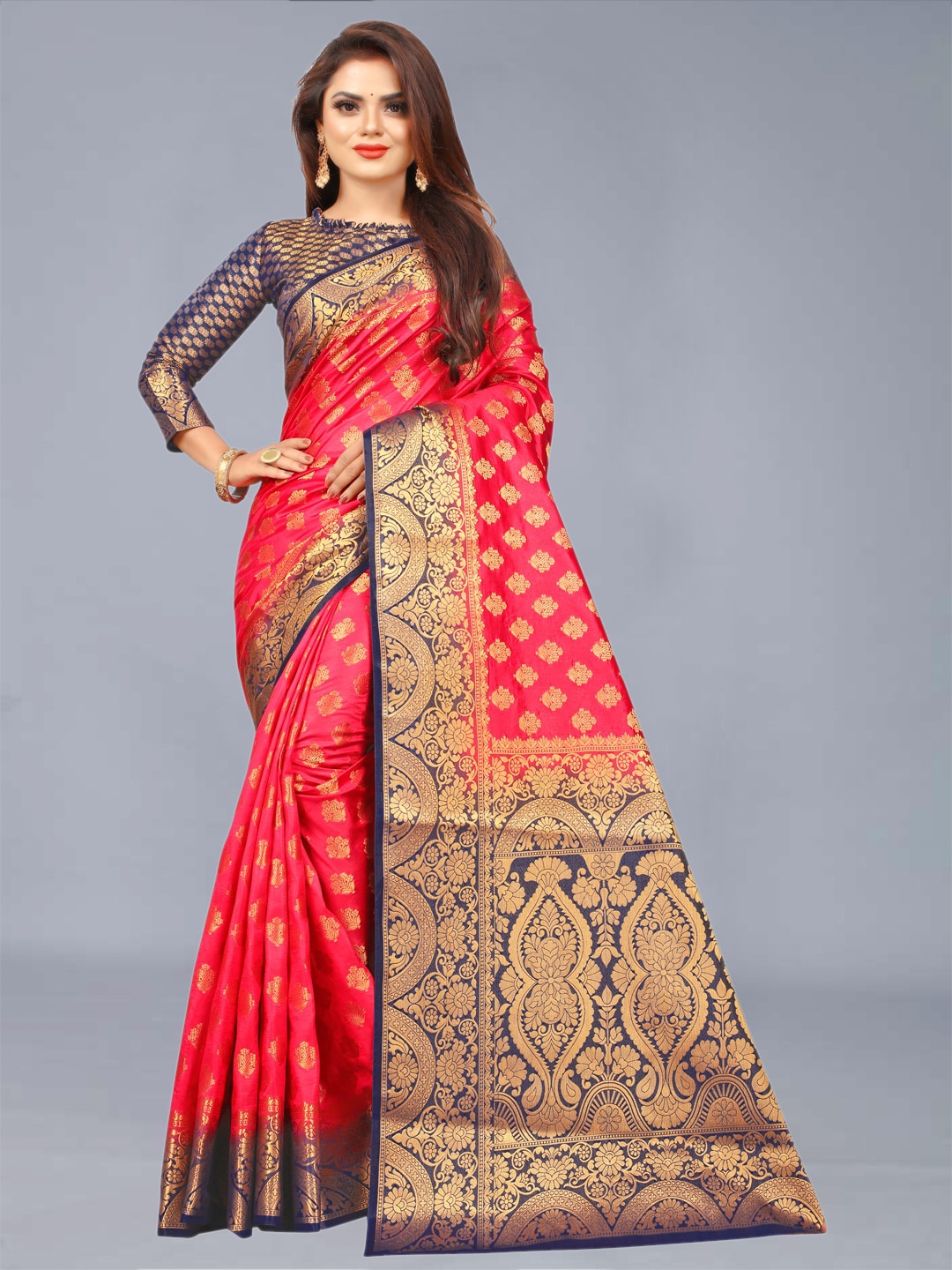

FINE WEAR Red & Purple Ethnic Motifs Silk Cotton Banarasi Saree