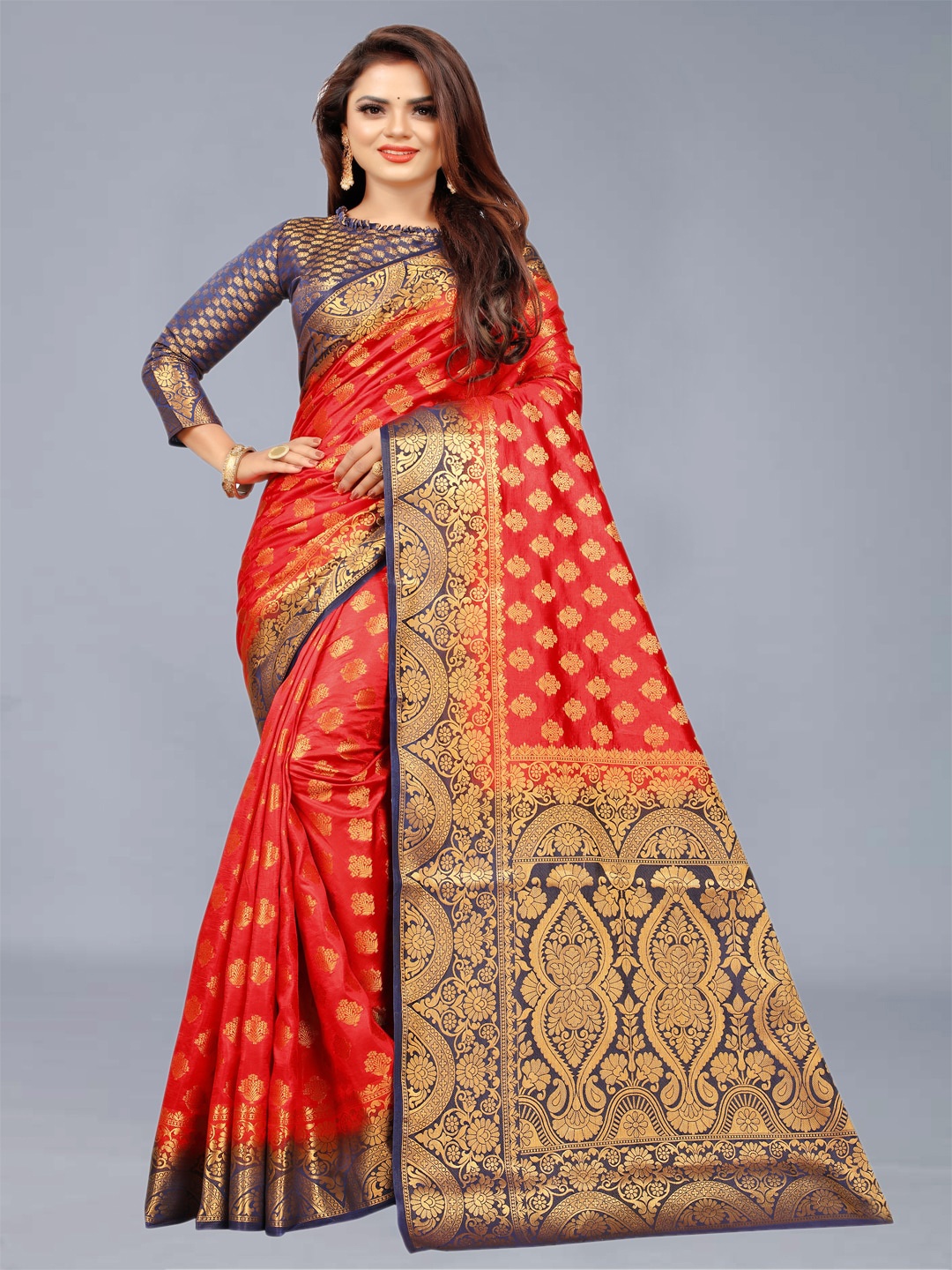 

FINE WEAR Red & Navy Blue Woven Design Zari Silk Cotton Banarasi Saree