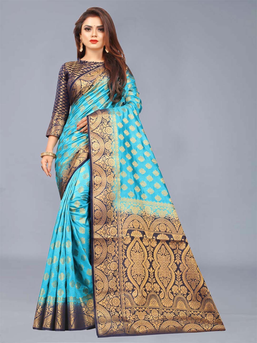 

FINE WEAR Blue & Gold-Toned Woven Design Zari Silk Cotton Banarasi Saree