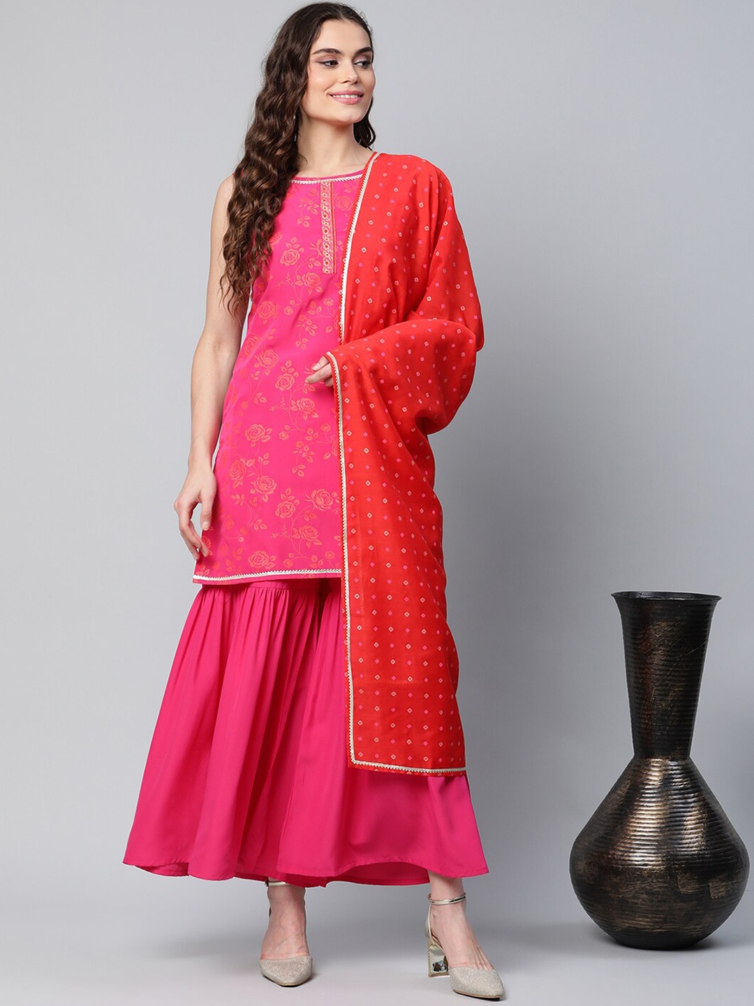 

Ahalyaa Women Pink Floral Printed Kurti with Sharara & With Dupatta