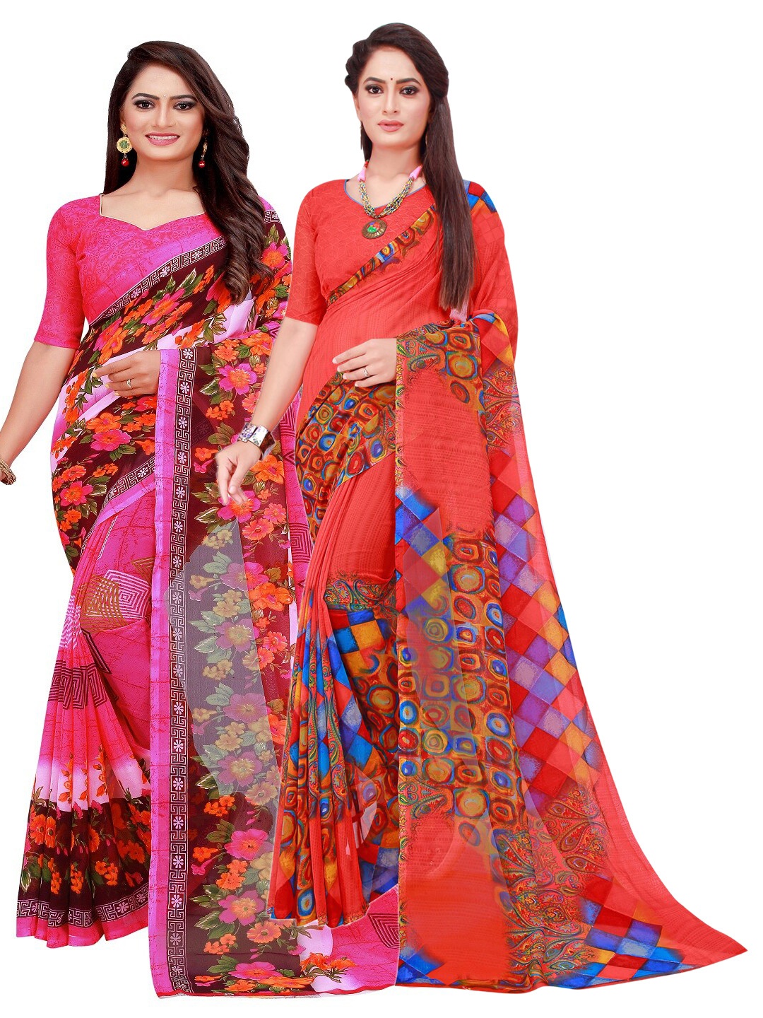 

KALINI Pink & Red Set of 2 Pure Georgette Saree