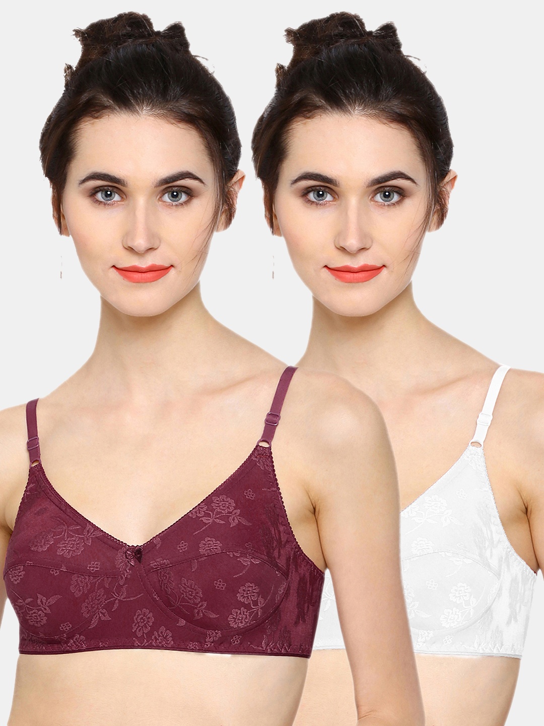 

Sonari Pack of 2 White & Maroon Floral Non Wired Full Coverage T-shirt Bra