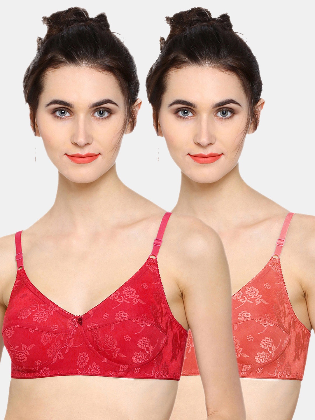 

Sonari Pack of 2 Red & Peach-Coloured Floral Minimizer Bras