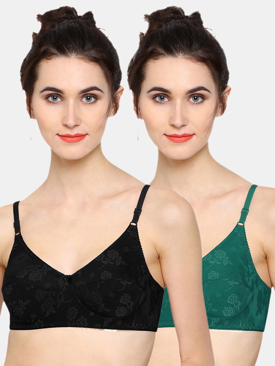 

Sonari Pack of 2 Black & Green Floral Non Wired Full Coverage Tshirt Bra