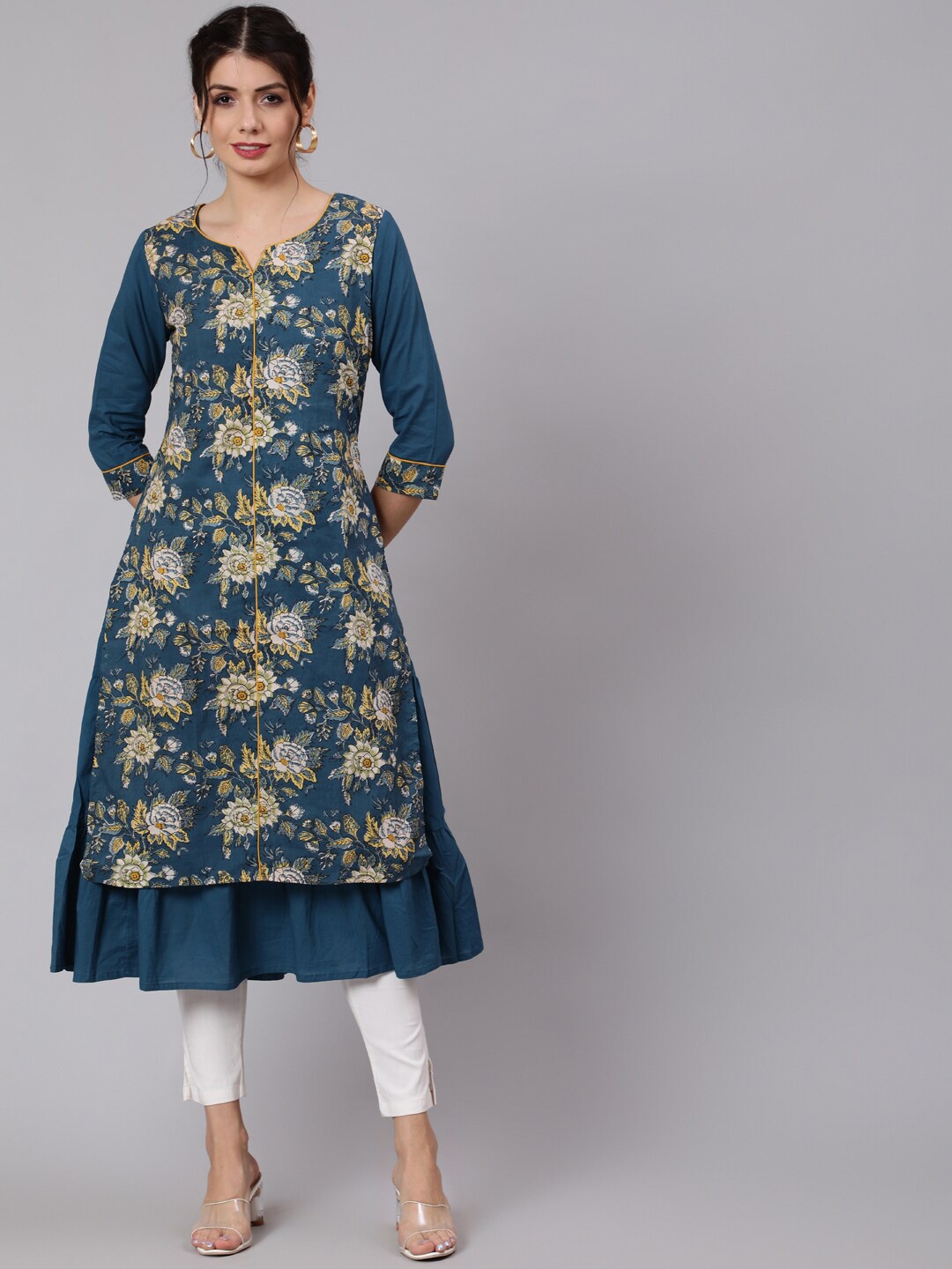 

Awadhi Women Blue Printed Flared Sleeves Anarkali Kurta