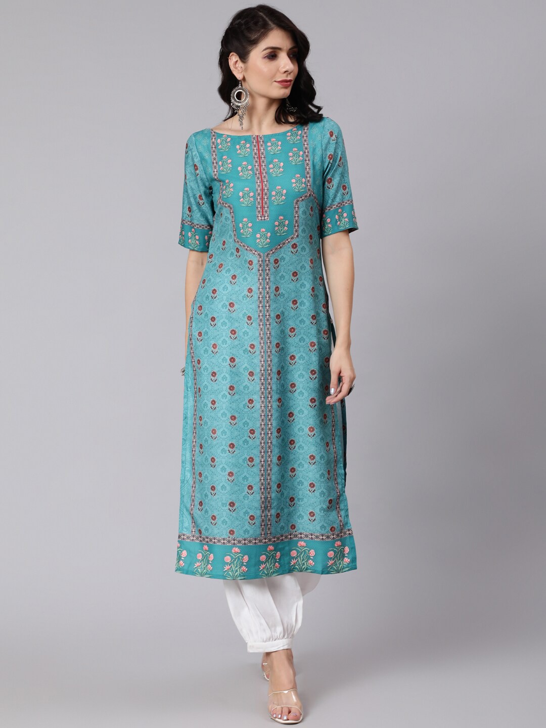 

Awadhi Women Blue Ethnic Motifs Printed Chikankari Kurta