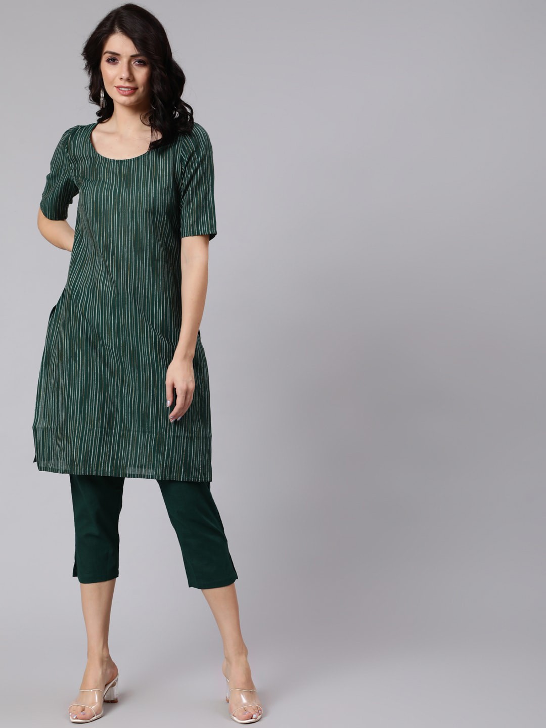 

Awadhi Women Green Striped Layered Pure Cotton Kurti with Trousers