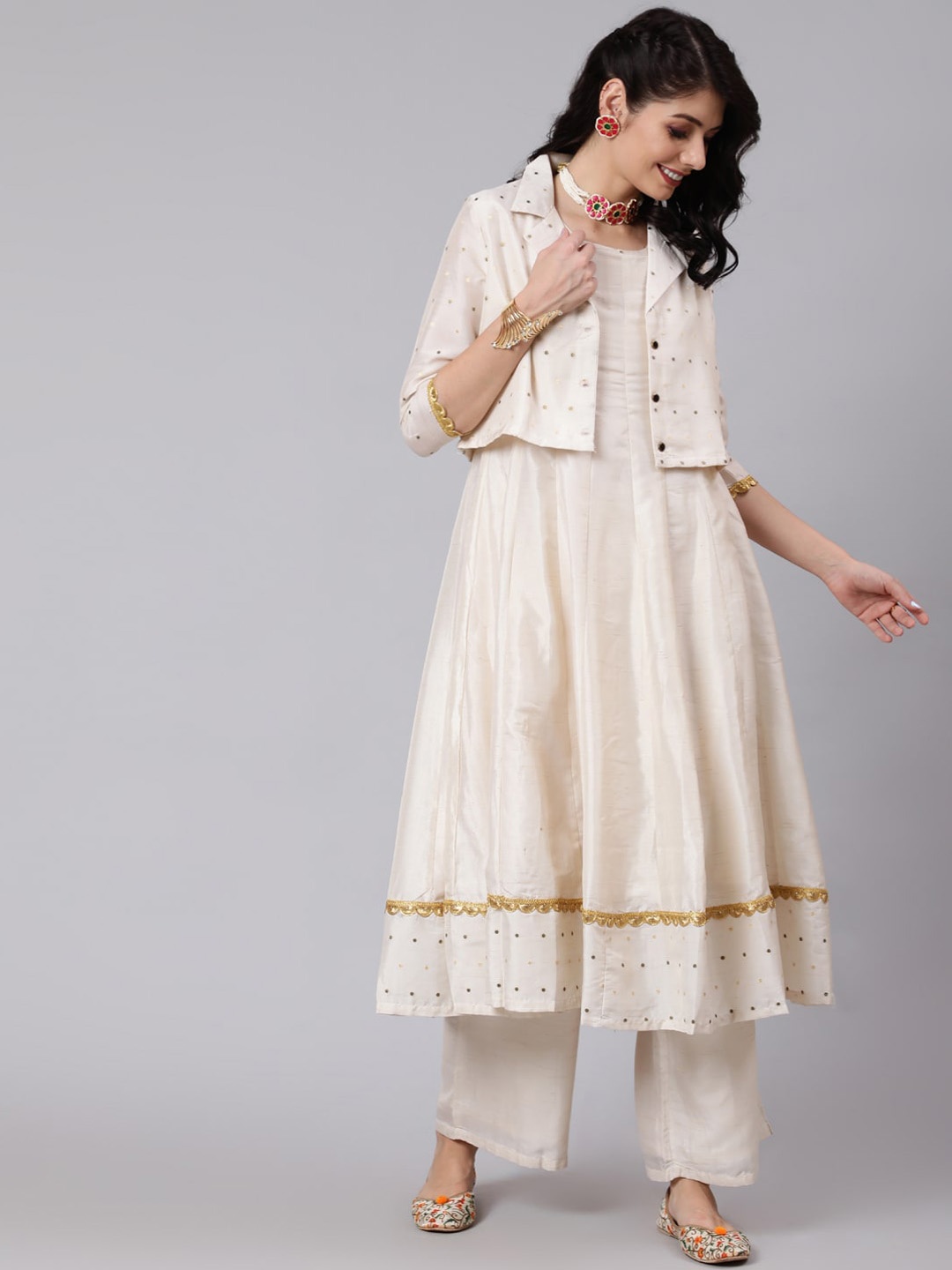 

Awadhi Women Off White Layered Kurta with Palazzos