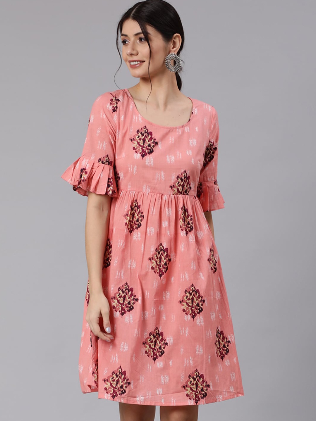 

Awadhi Peach-Coloured Floral A-Line Dress