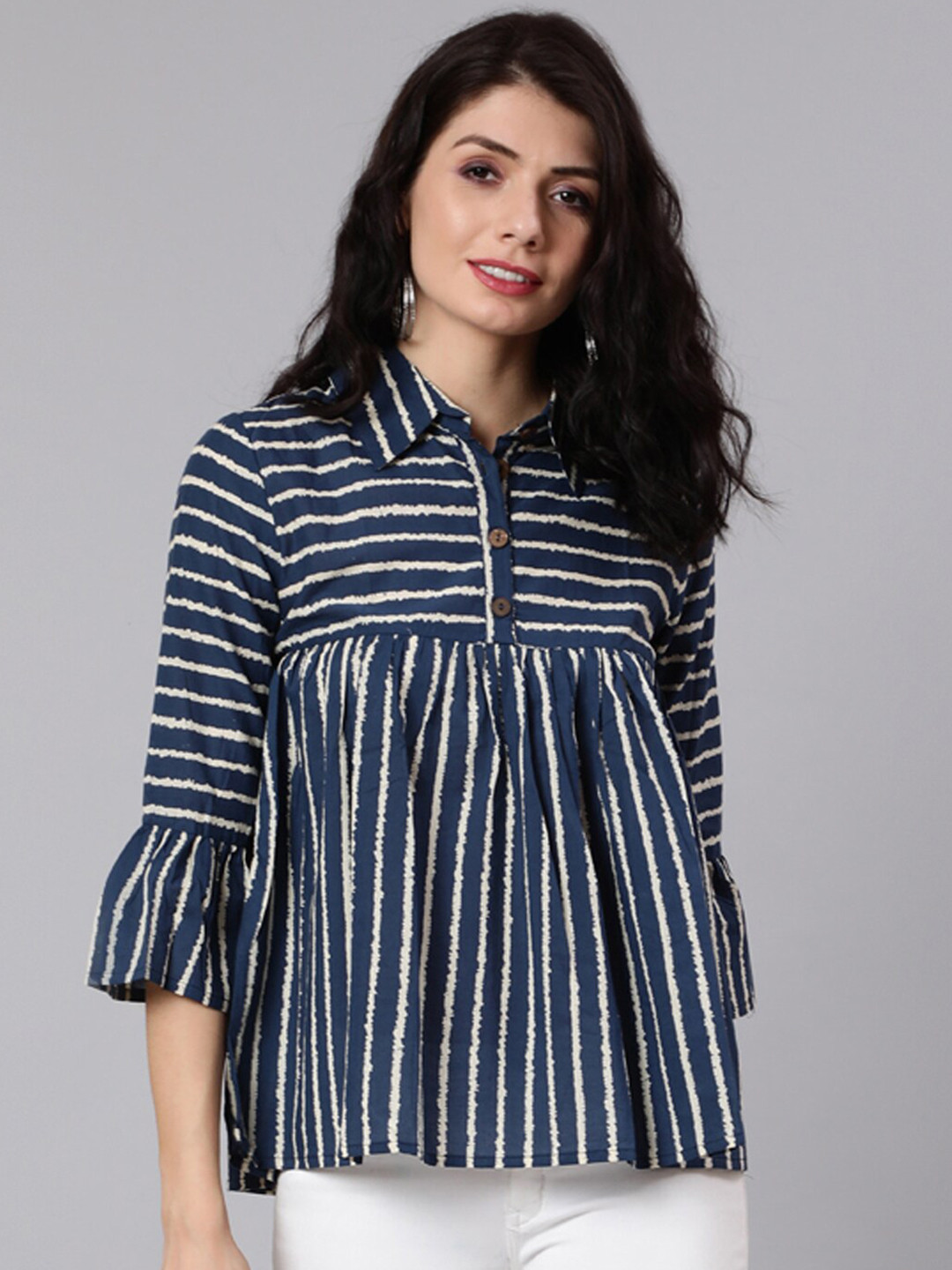 

Awadhi Women Navy Blue & White Shirt Collar Striped Tunic