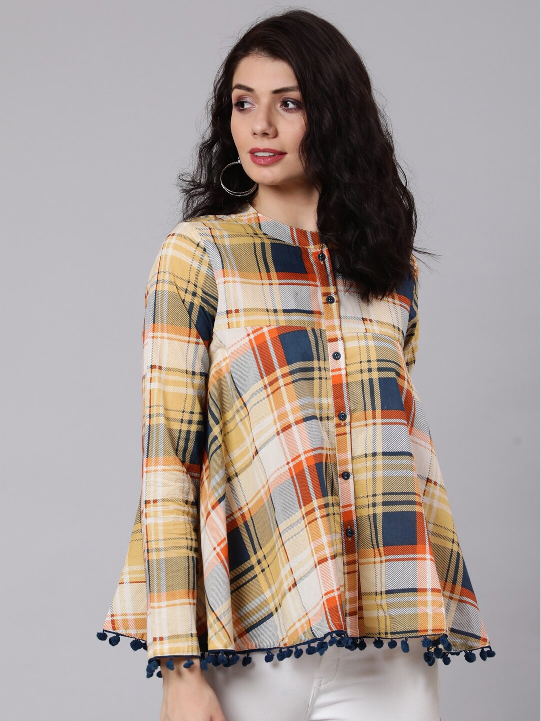 

Awadhi Women Yellow & navy Blue Tartan Checked Cotton Casual Shirt