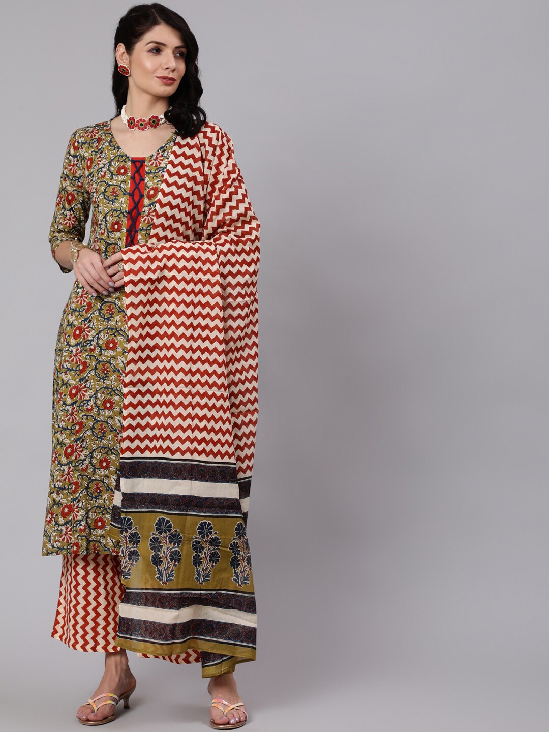 

Awadhi Women Green Printed Panelled Pure Cotton Kurta with Trousers & With Dupatta