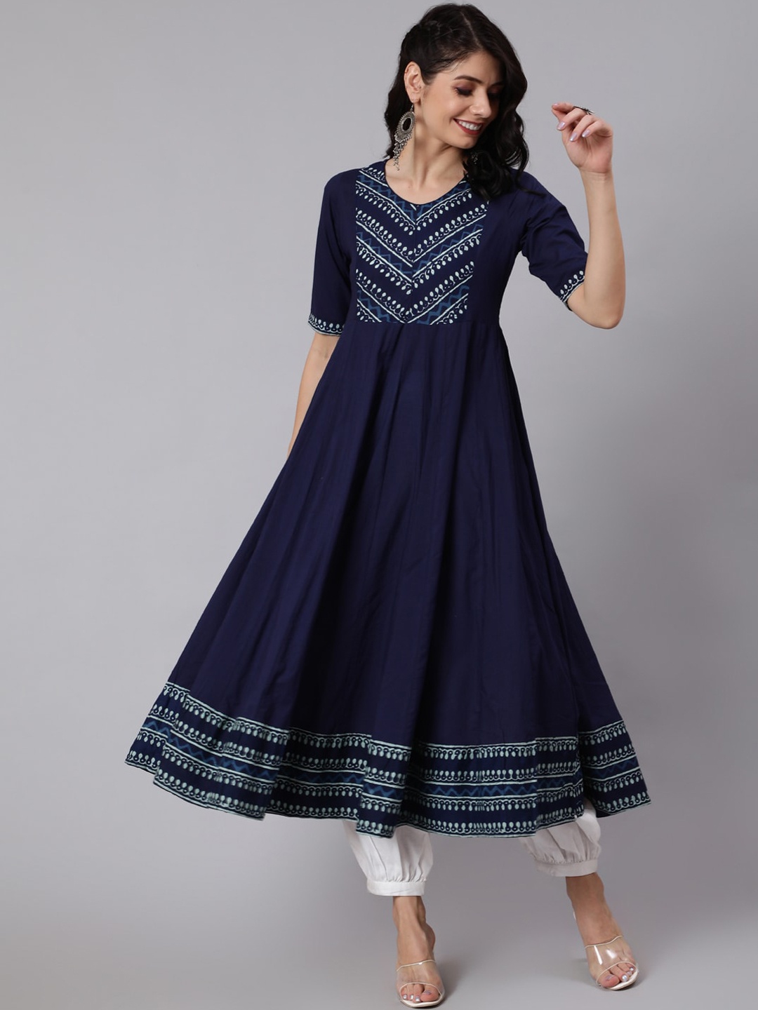 

Awadhi Women Blue Yoke Design Anarkali Kurta