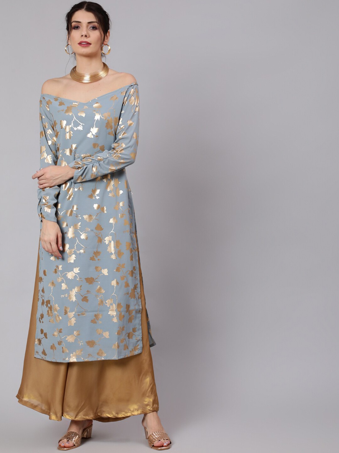 

Awadhi Women Grey Floral Printed Cold-Shoulder Sleeves Kurta