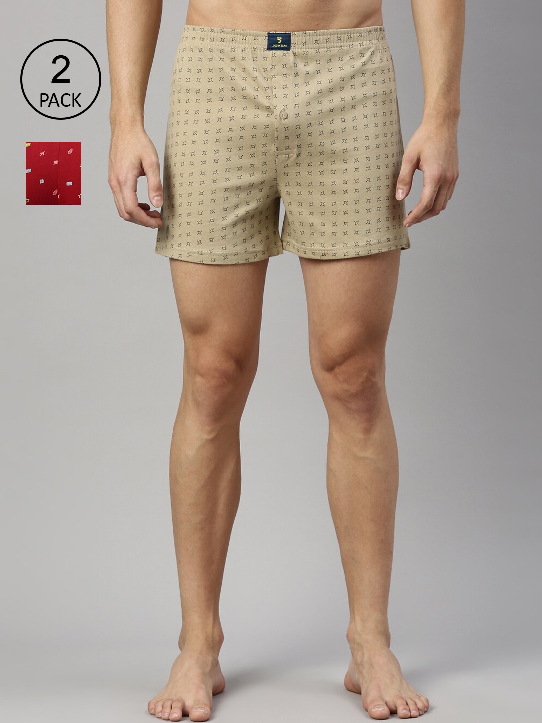 

Joven Men Pack Of 2 Red & Beige Printed Pure Cotton Boxers