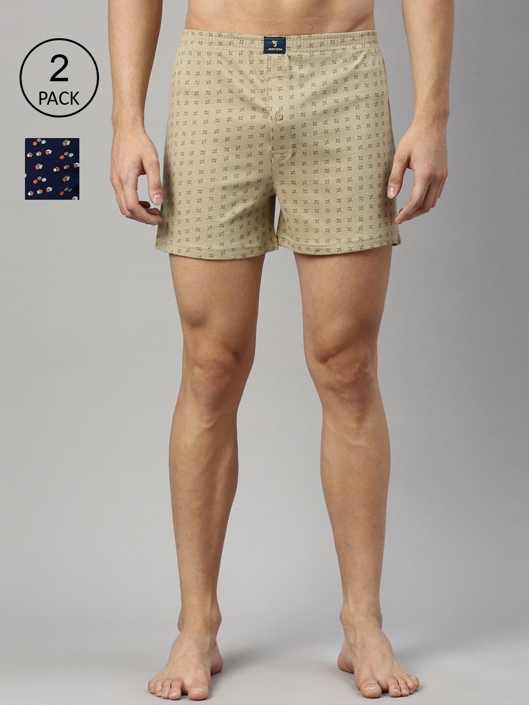 

Joven Men Pack Of 2 Beige & Navy Blue Printed Pure Cotton Boxers