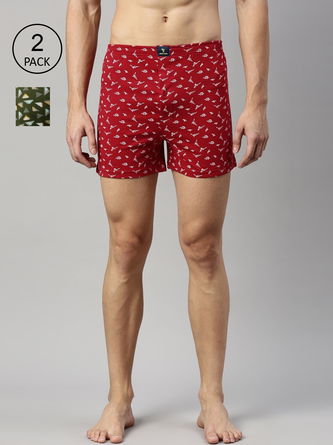 

Joven Men Pack Of 2 Olive & Red Printed Pure Combed Cotton Boxers
