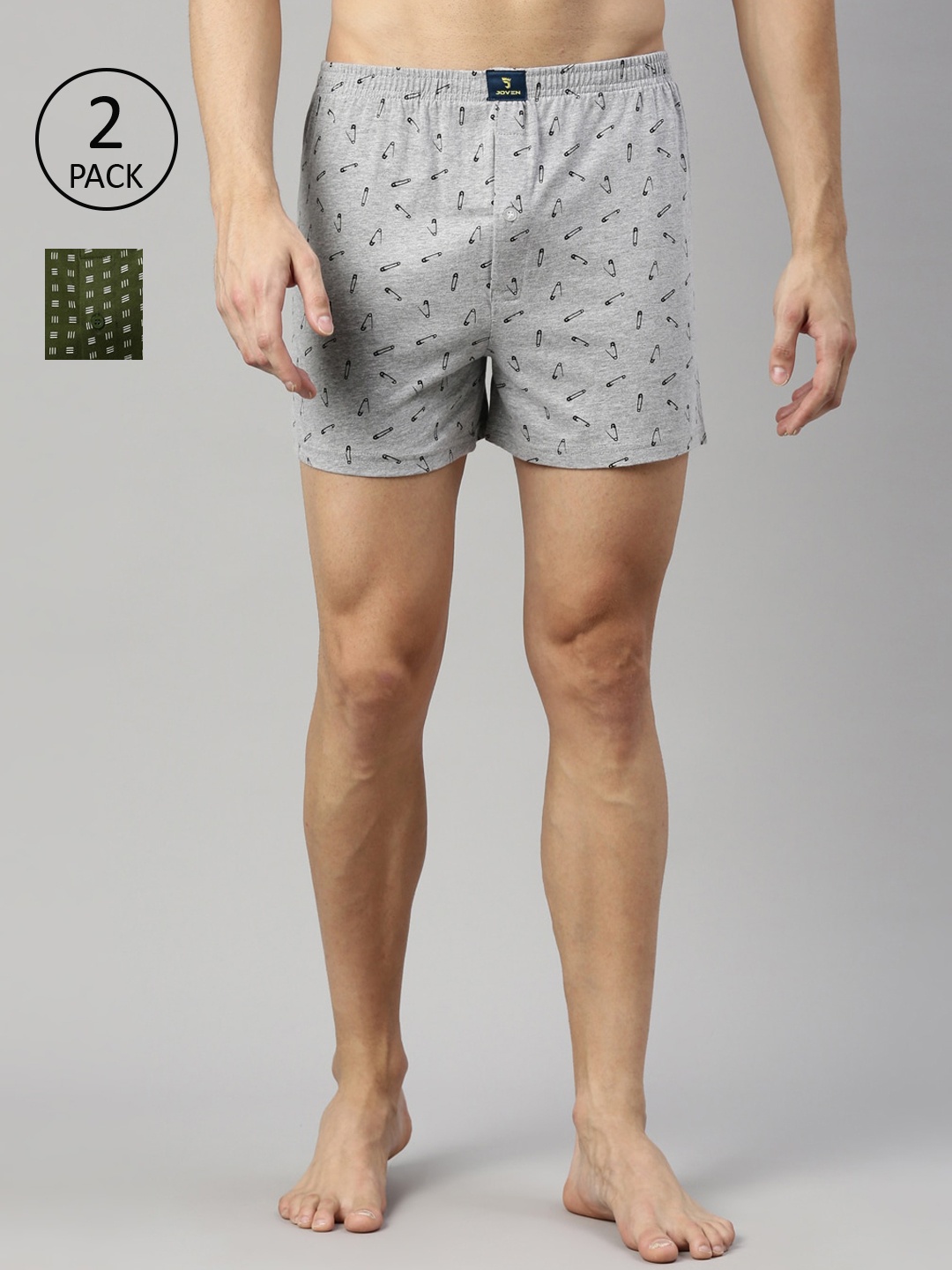 

Joven Men Pack Of 2 Grey & Olive Printed Pure Cotton Boxers