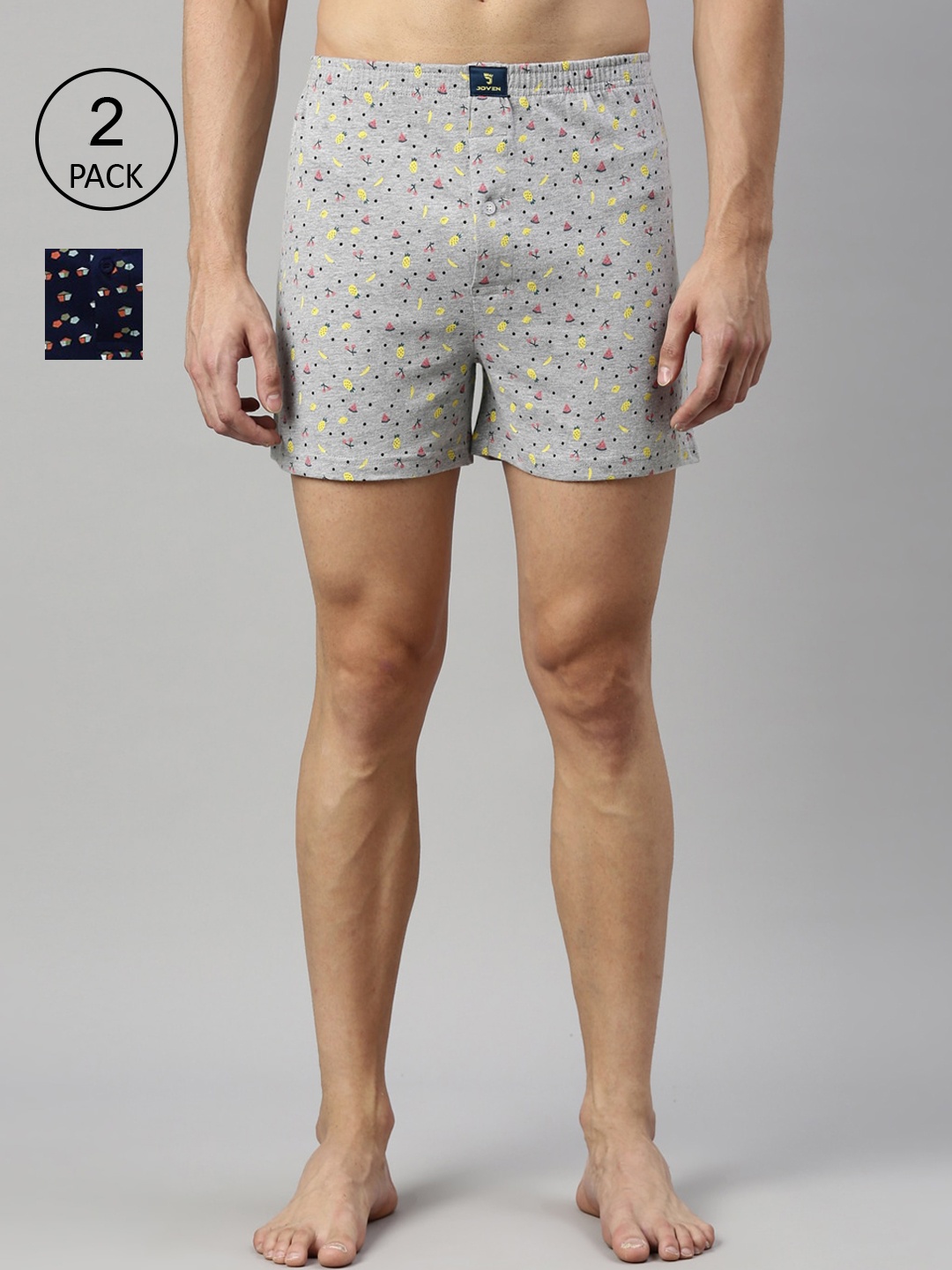 

Joven Men Pack Of 2 Navy Blue & Grey Printed Pure Cotton Boxers