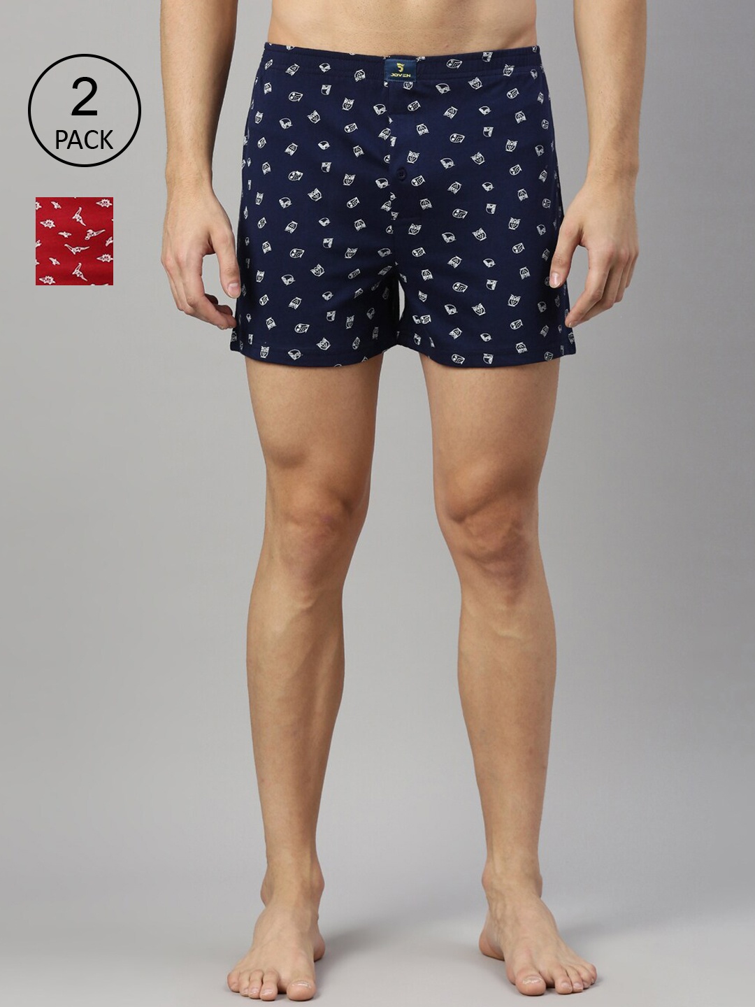 

Joven Men Pack Of 2 Navy Blue & Red Printed Pure Cotton Boxers