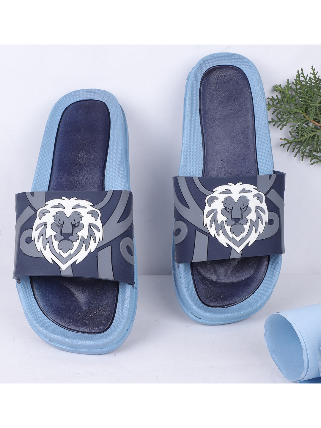 

FABBMATE Men Navy Blue Open Toe Flats with Bows