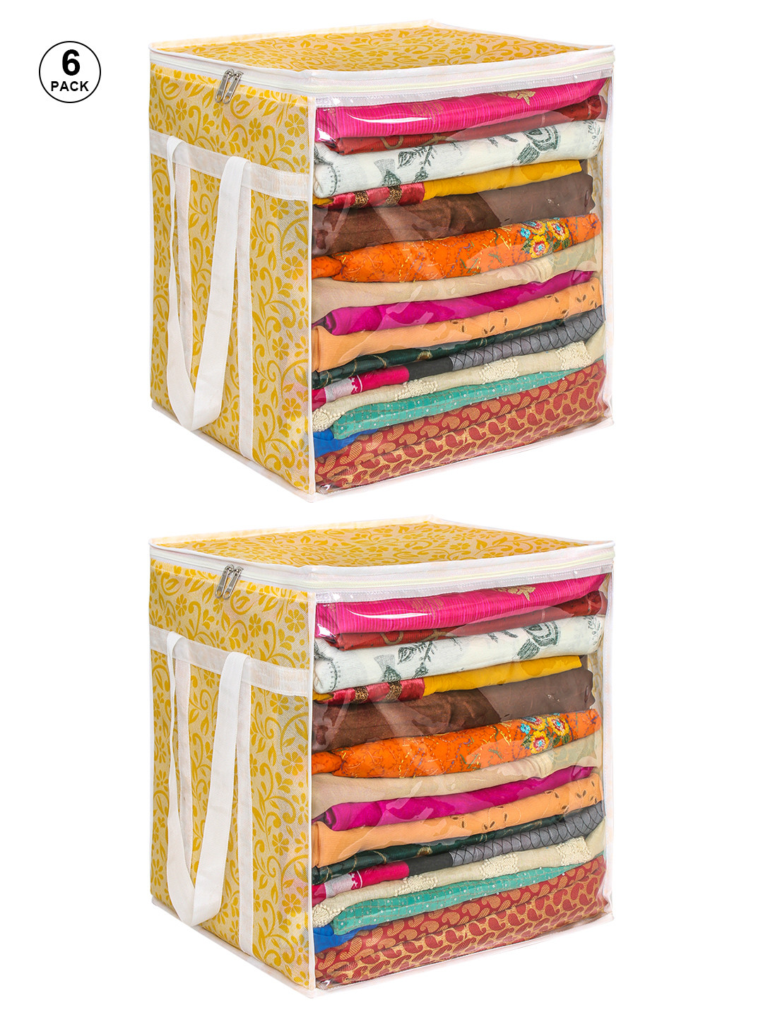 

prettykrafts Pack of 2 Orange & Transparent Printed Cloth Saree Organiser With Handles