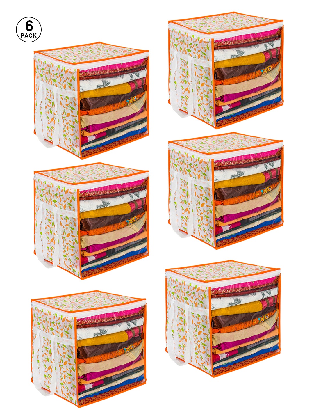 prettykrafts Set Of 6 Gold-Colored & White Printed Saree Organisers