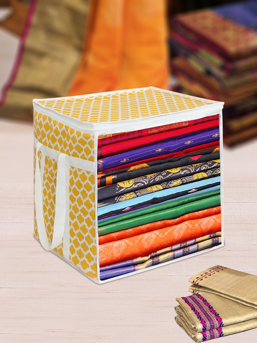 

prettykrafts Set Of 6 Yellow & White Printed Multi-Utility Wardrobe Organisers
