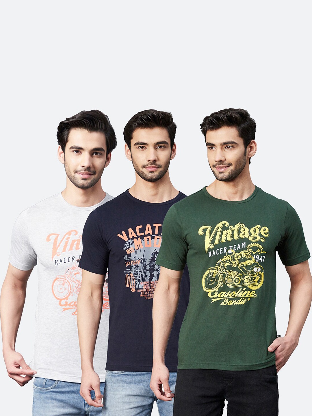 

Rigo Men Green & Navy Blue Typography 3 Printed T-shirt