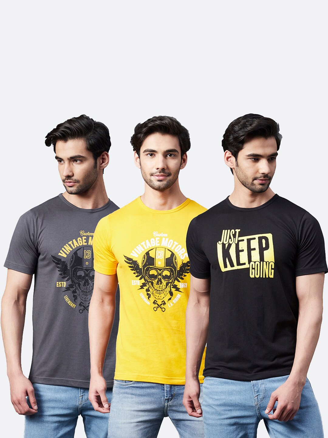 

Rigo Men Grey & Black 3 Printed T-shirt