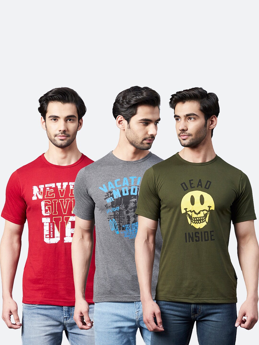 

Rigo Men Set Of 3 Printed Cotton T-shirt, Olive