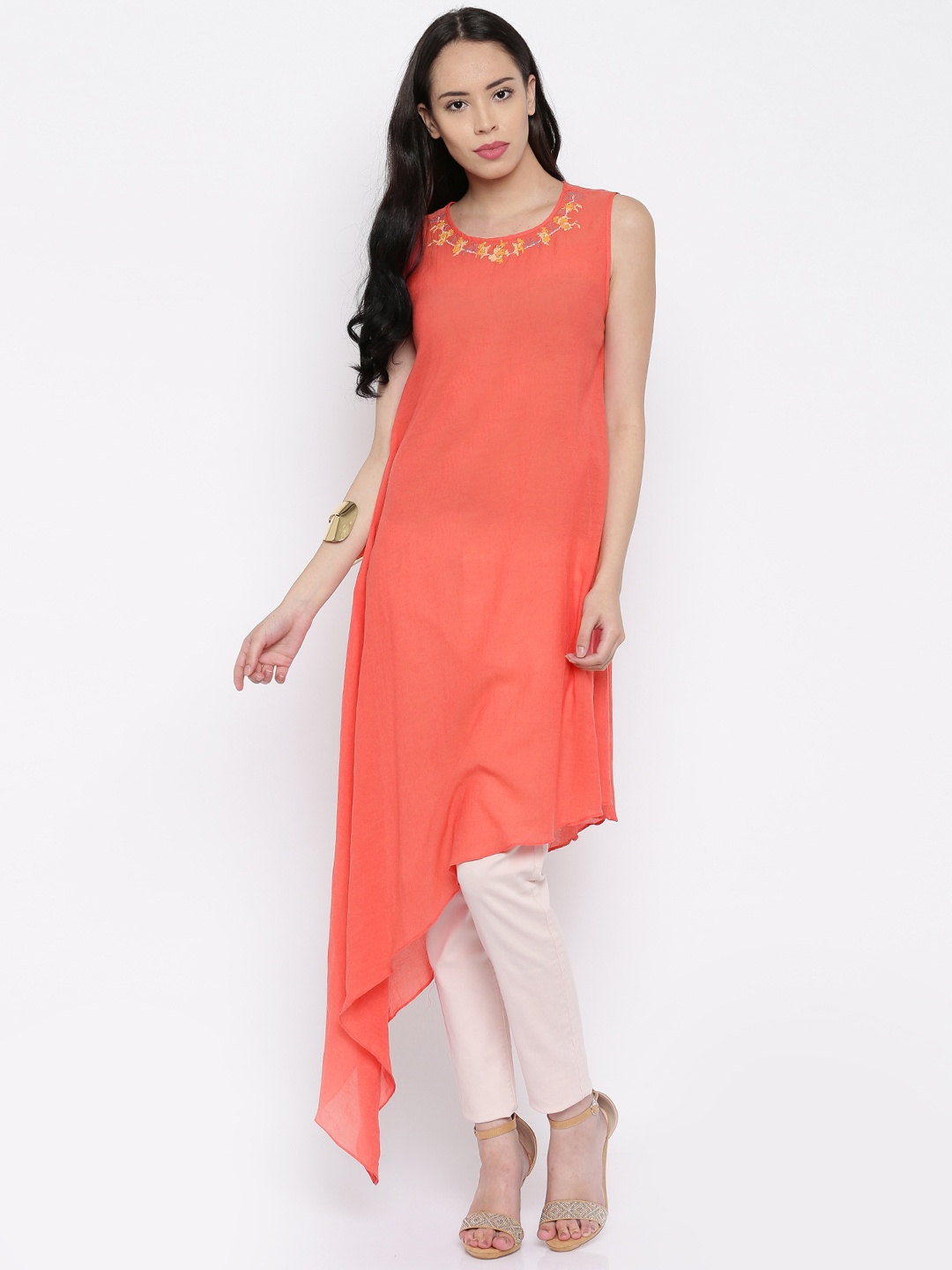 

AND Coral Red Sheer Asymmetric Tunic